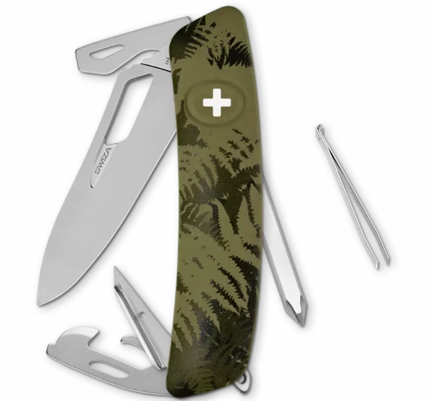 A Swiss Army style multi-tool pocket knife with an olive green fern camouflage pattern handle, shown with its stainless steel tools deployed, including a blade, screwdriver, bottle opener, and tweezers, on a white background.