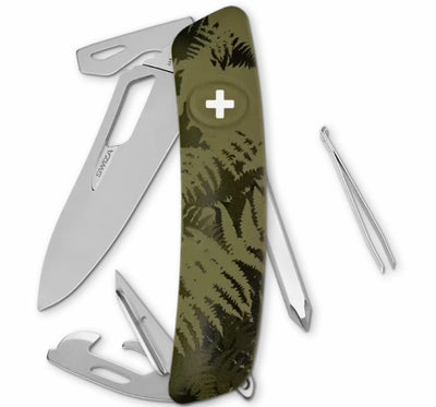 A Swiss Army style multi-tool pocket knife with an olive green fern camouflage pattern handle, shown with its stainless steel tools deployed, including a blade, screwdriver, bottle opener, and tweezers, on a white background.