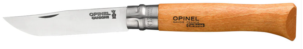 An Opinel folding pocket knife with a silver stainless steel blade and a light brown wooden handle, shown against a plain white background.