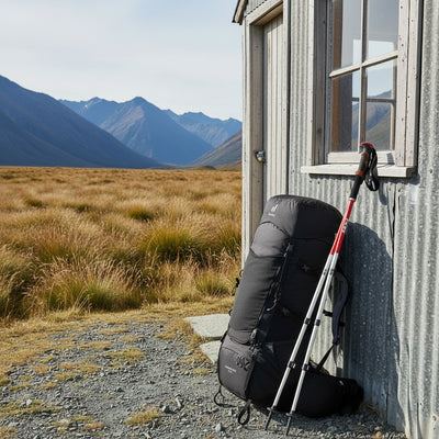 A large black hiking backpack stands against the exterior wall of a rustic corrugated metal cabin, with trekking poles leaning beside it. A wide grassy field and blue mountains are visible in the background.