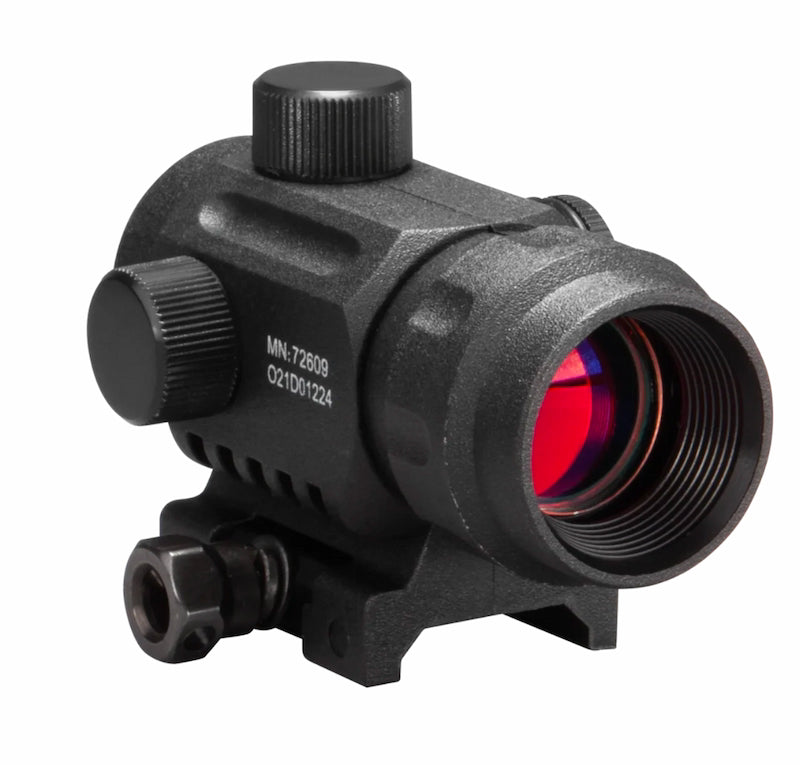A black tactical red dot sight rifle scope with a red laser lens visible, featuring adjustment knobs and a mounting base, shown on a plain white background.