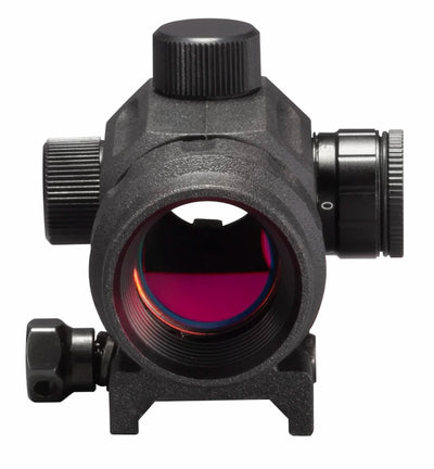 A black tactical rifle scope with a textured matte finish, featuring a prominent pink and orange iridescent lens coating, shown against a solid white background.
