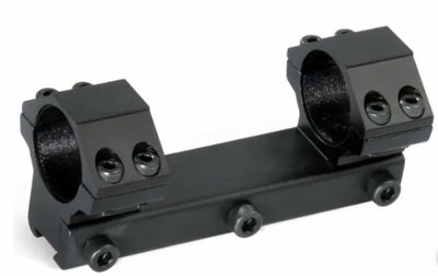 A black metal two-bolt sight mount or scope bracket with two circular mounting rings and four visible screws, shown on a plain white background.