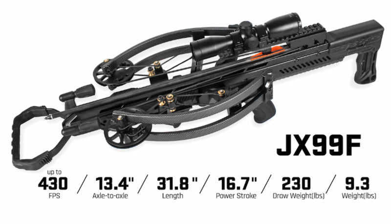 Black crossbow labeled JX99F on a white background, with dimensions and performance specs shown below: up to 430 FPS, 13.4 inches axle-to-axle, 31.