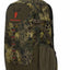 A camouflage hunting backpack with a woodland pattern in green, brown, and beige, featuring a front pocket with a deer head logo and the brand name 'BunTierra' in red, a side mesh pocket, and a top carry handle.