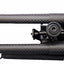 A black carbon fiber bipod with a black metal quick-release mount and adjustment handwheel, shown against a plain white background.