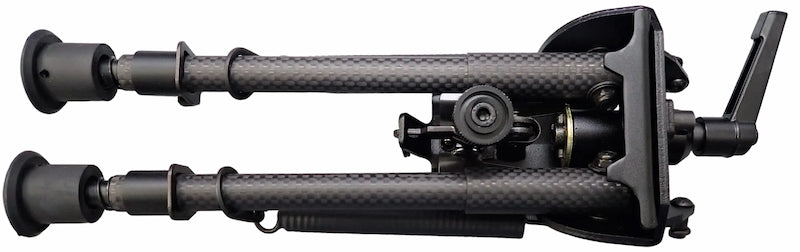 A black carbon fiber bipod with a black metal quick-release mount and adjustment handwheel, shown against a plain white background.