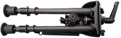 A black carbon fiber bipod with a black metal quick-release mount and adjustment handwheel, shown against a plain white background.