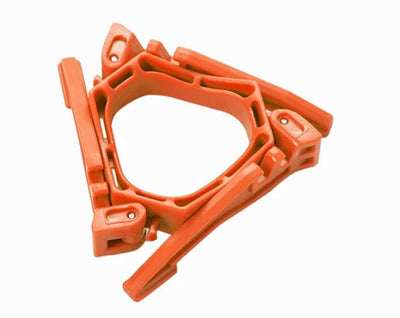 An orange plastic triangular mounting bracket or clip, isolated on a white background.