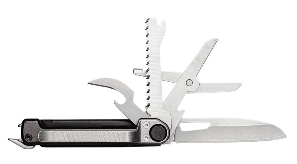 A multi-tool pocket knife with several implements extended, including a blade, saw, scissors, and bottle opener, shown against a plain white background.