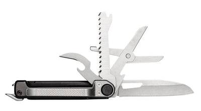 A multi-tool pocket knife with several implements extended, including a blade, saw, scissors, and bottle opener, shown against a plain white background.