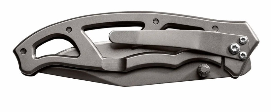 A modern folding pocket knife with a matte dark gray titanium handle and a matching clip-point blade, shown open against a plain white background.