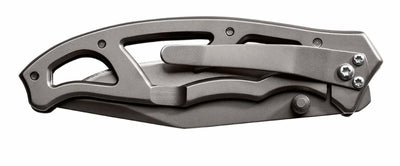 A modern folding pocket knife with a matte dark gray titanium handle and a matching clip-point blade, shown open against a plain white background.