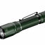 A tactical flashlight in matte dark green with a black clip and black bezel, shown at a diagonal angle on a plain white background.