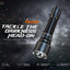 A Fenix TK22R tactical flashlight shown at an angle against a dark smoky background with text reading 'TACKLE THE DARKNESS HEAD-ON' and feature callouts at the bottom.