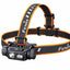 A Fenix headlamp with a black and orange adjustable headband and a black light housing, shown on a plain white background.