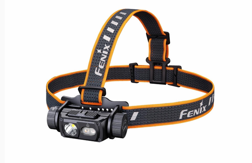 A Fenix headlamp with a black and orange adjustable headband and a black light housing, shown on a plain white background.