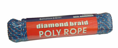 A spool of blue and red diamond braid poly rope, labeled 'diamond braid POLY ROPE' with dimensions '5mm x 30m' and brand 'XCEL HANDRAIN', on a white background.