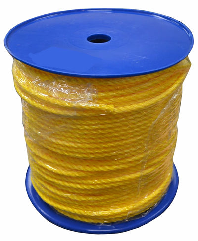 A large spool of bright yellow rope or cable wrapped in clear plastic, mounted on a blue plastic core, isolated on a white background.