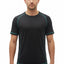 Man wearing a black athletic shirt with green accents on a white background