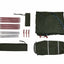 Camping tent parts including poles, stakes, and carrying bags on a white background