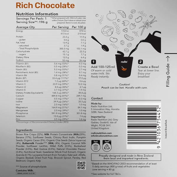 Nutrition information and filling guide for a product labeled 'Rich Chocolate'.