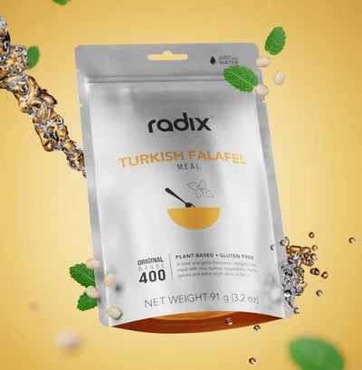 Radix Turkish Falafel meal package on a yellow background with ingredients.