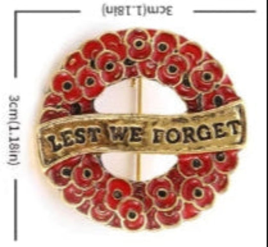 ANZAC LEST WE FORGET enamel poppy brooch/badge - Black, White, Silver or Gold