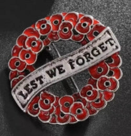 ANZAC LEST WE FORGET enamel poppy brooch/badge - Black, White, Silver or Gold