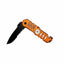 Orange folding knife with a black blade on a white background