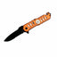 Orange folding knife with a black blade on a white background