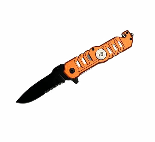 Orange folding knife with a black blade on a white background