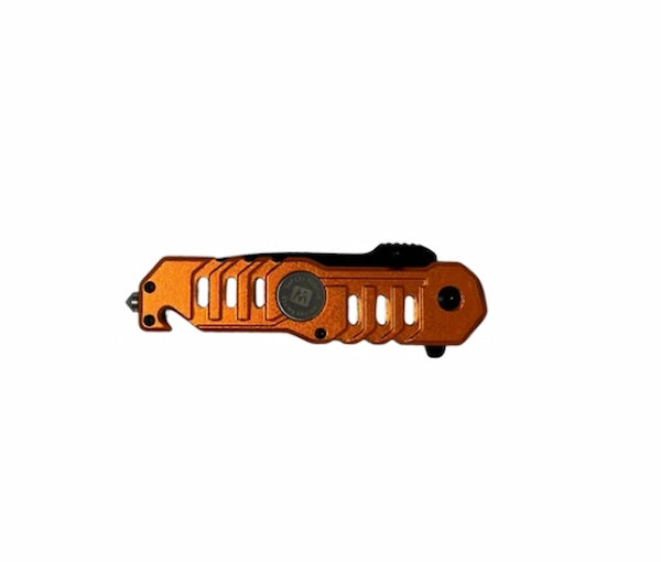 Orange pocket knife with a black handle on a white background
