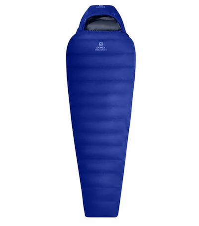 Blue sleeping bag with a brand logo on a white background