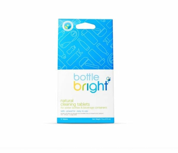 Package of bottle bright natural cleaning tablets on a white background