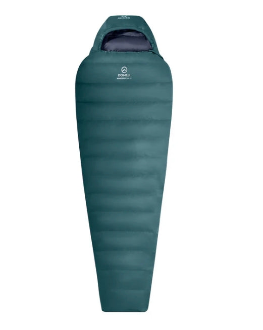 Teal sleeping bag with a brand logo on a white background