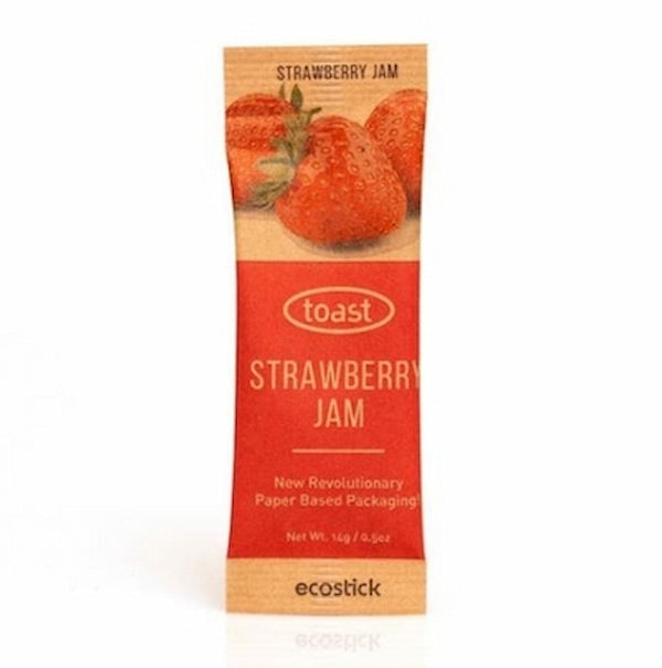 Packaged strawberry jam with 'toast' branding on a white background