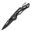 A folding pocket knife with a black handle and blade, featuring a key chain clip.
