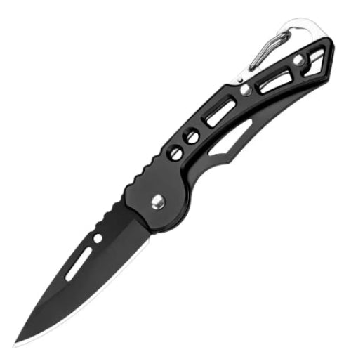A folding pocket knife with a black handle and blade, featuring a key chain clip.