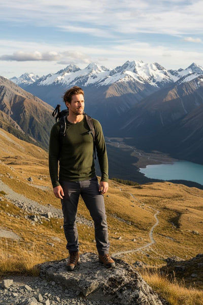 A man stands on a rocky mountain ridge wearing an olive green long-sleeve shirt, dark gray hiking pants, and brown hiking boots, with a backpack and a scenic mountain landscape with a lake in the background.