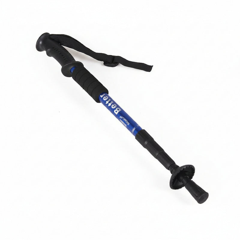 A black and blue folding hiking stick with a black wrist strap, shown diagonally on a plain white background.