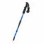 A blue and black adjustable hiking pole with a wrist strap, shown diagonally on a plain white background.