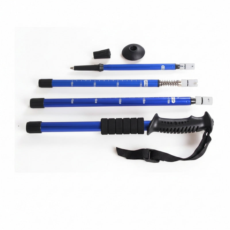 Four blue and black adjustable hiking poles laid out horizontally on a white background, including a textured black handle, wrist strap, cap, and tip.