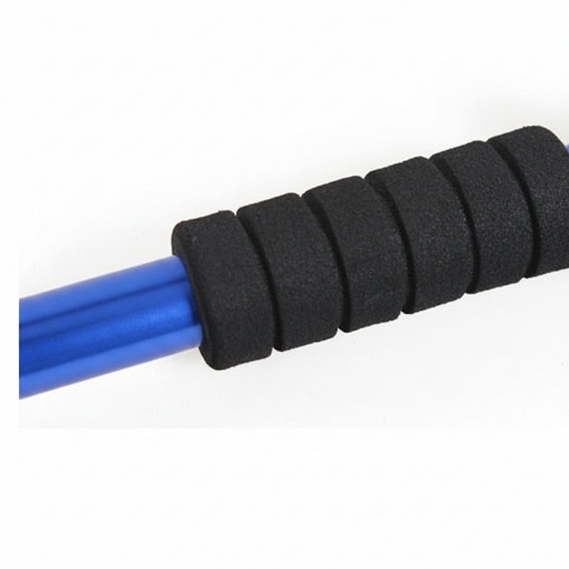 Close-up of a black foam handlebar grip with a blue tube running through it, shown on a plain white background.