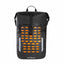 A black waterproof backpack with a prominent orange geometric pattern on the front and a white TARKONA logo at the bottom, shown against a plain white background.