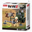 Sluban WWII military model building block set in its original retail packaging, featuring a green artillery gun, a soldier minifigure, and a coiled spring mechanism on a desert-themed box.
