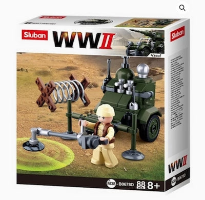 Sluban WWII military model building block set in its original retail packaging, featuring a green artillery gun, a soldier minifigure, and a coiled spring mechanism on a desert-themed box.