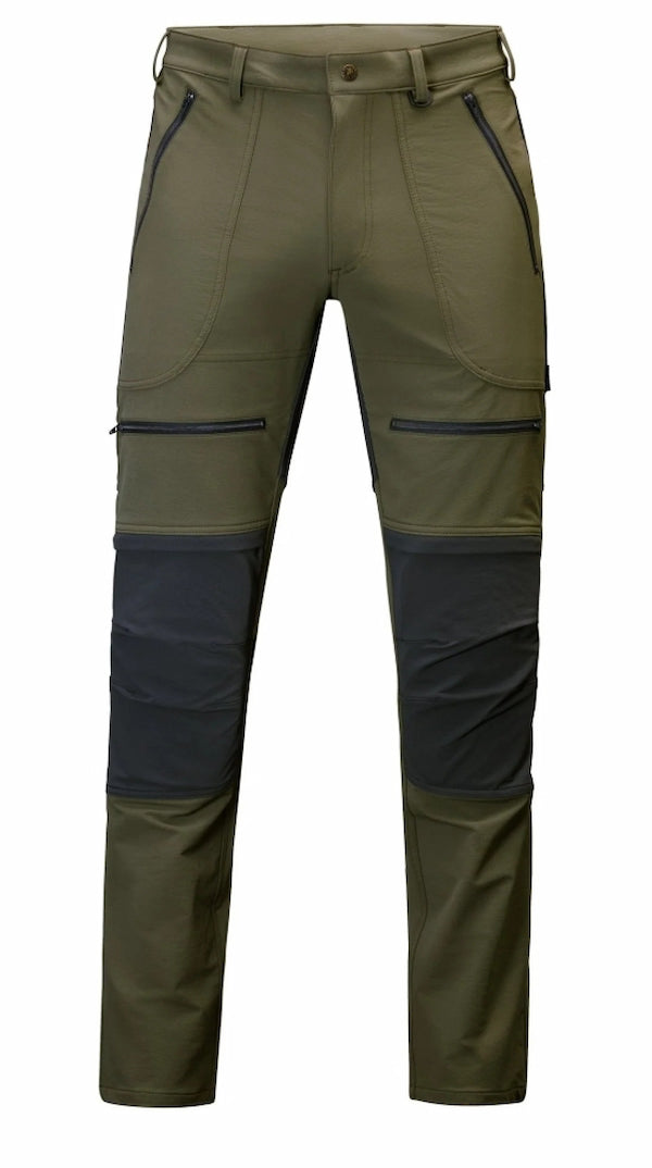 Green and black outdoor pants on a white background