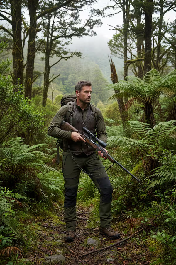 Man with a rifle walking through a dense forest