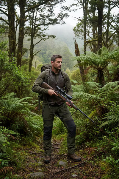 Man with a rifle walking through a dense forest